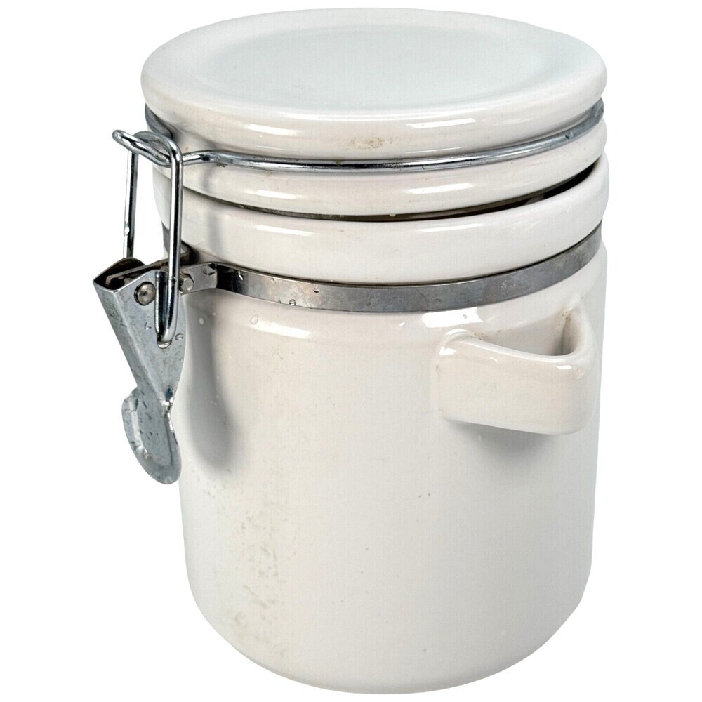 Canister Round Jar Wire Bail Lid & Gasket Snap Clasp Lid White 6" Spoon Holder